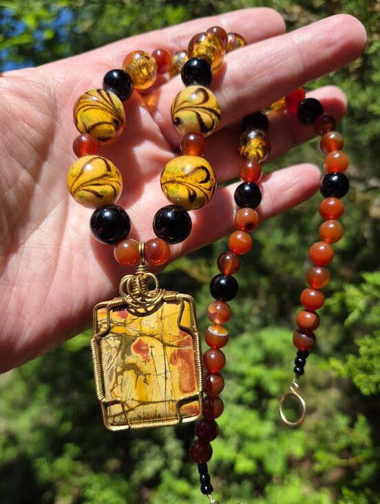 Artisan Jewelry - Artisan Wire Wrapped Picasso Jasper Carnelian Art Glass Beaded Necklace 20"
